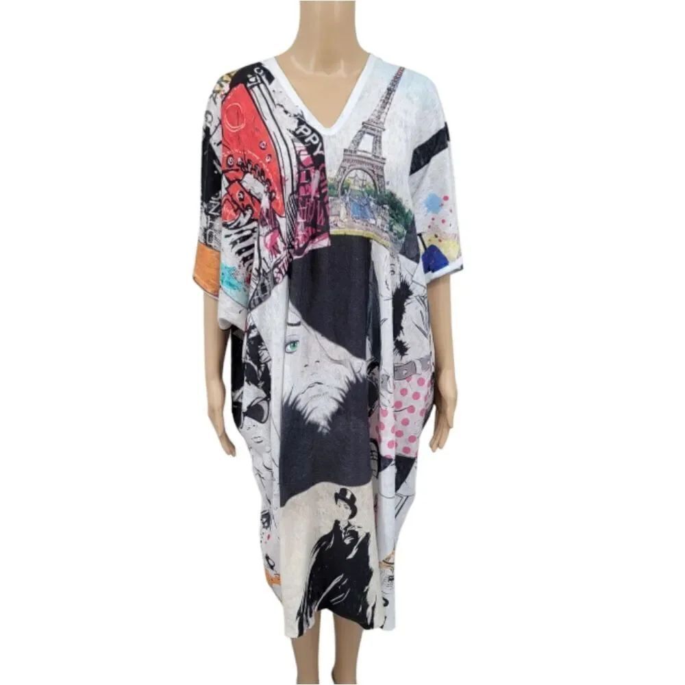 Et Lois Colorful Graphic Paris Fashion Print Kaftan T-shirt Tee Dress